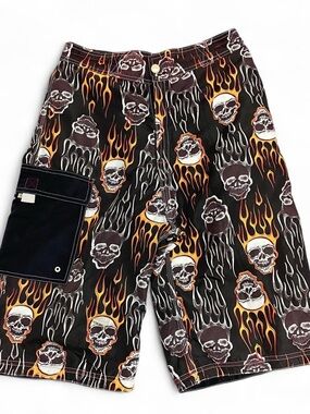 Y2K skull fire baggy board short black and orange